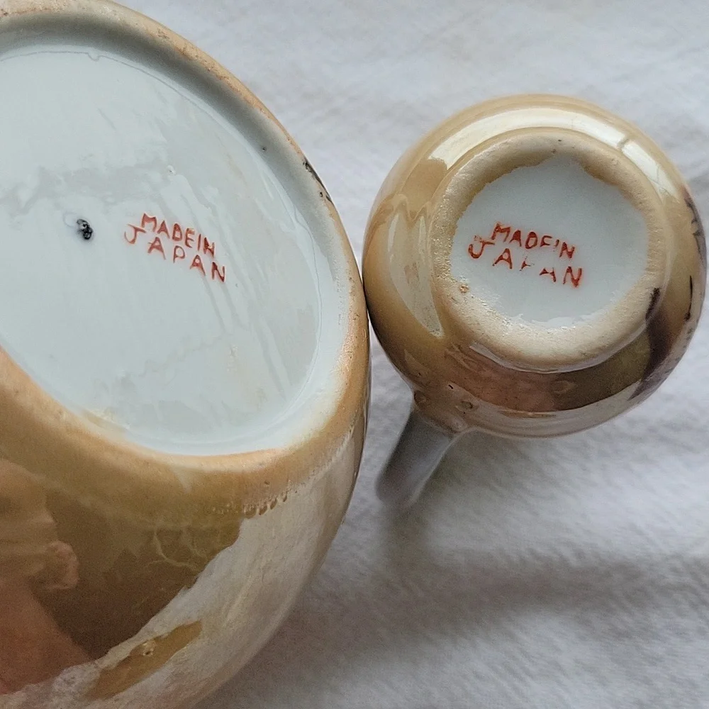 Vintage Japanese Hand Painted Floral Teapot And Pitcher.  Bamboo Handle. - Picture 5 of 10